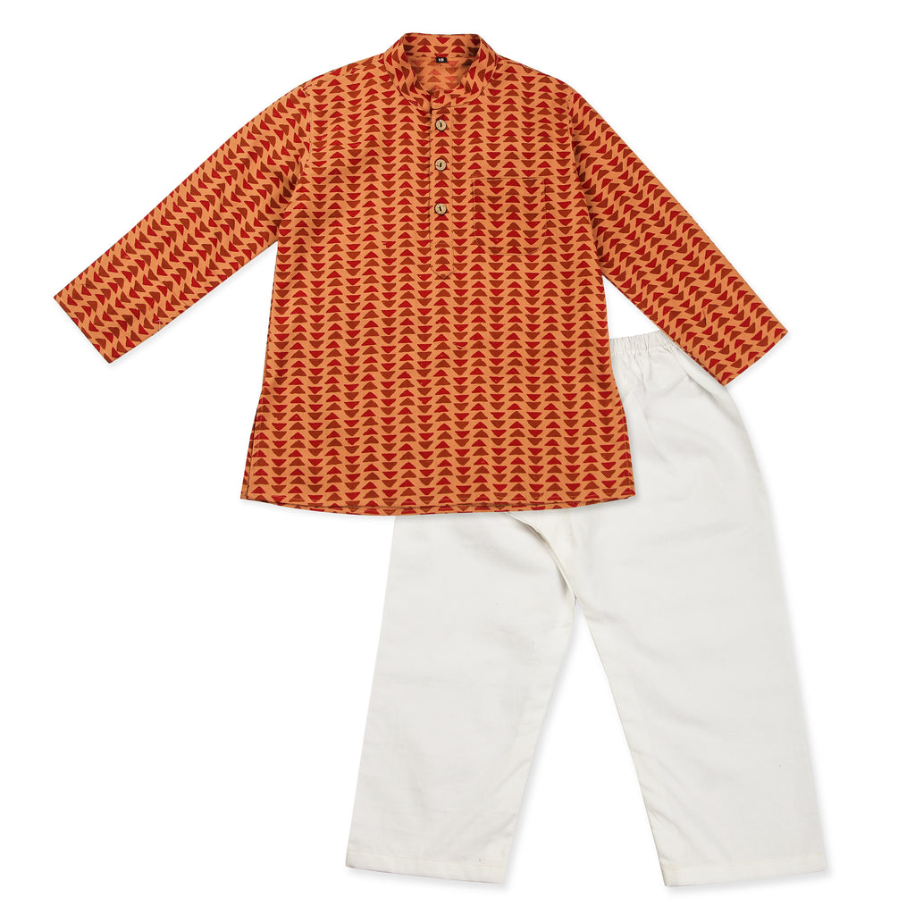 Tangerine Kurta Pajama for Boys, Ages 0-16 Years, Cotton, Geometric Print