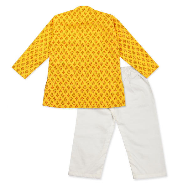 Yellow Kurta Pajama for Boys, Ages 0-16 Years, Cotton, Floral Block Print