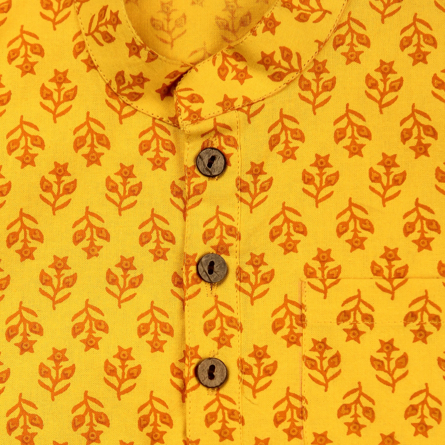 Yellow Kurta Pajama for Boys, Ages 0-16 Years, Cotton, Floral Block Print