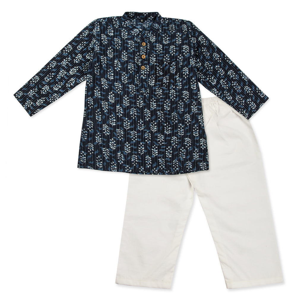 Indigo Kurta Pajama for Boys, Ages 0-16 Years, Cotton, Floral Indigo Block Print