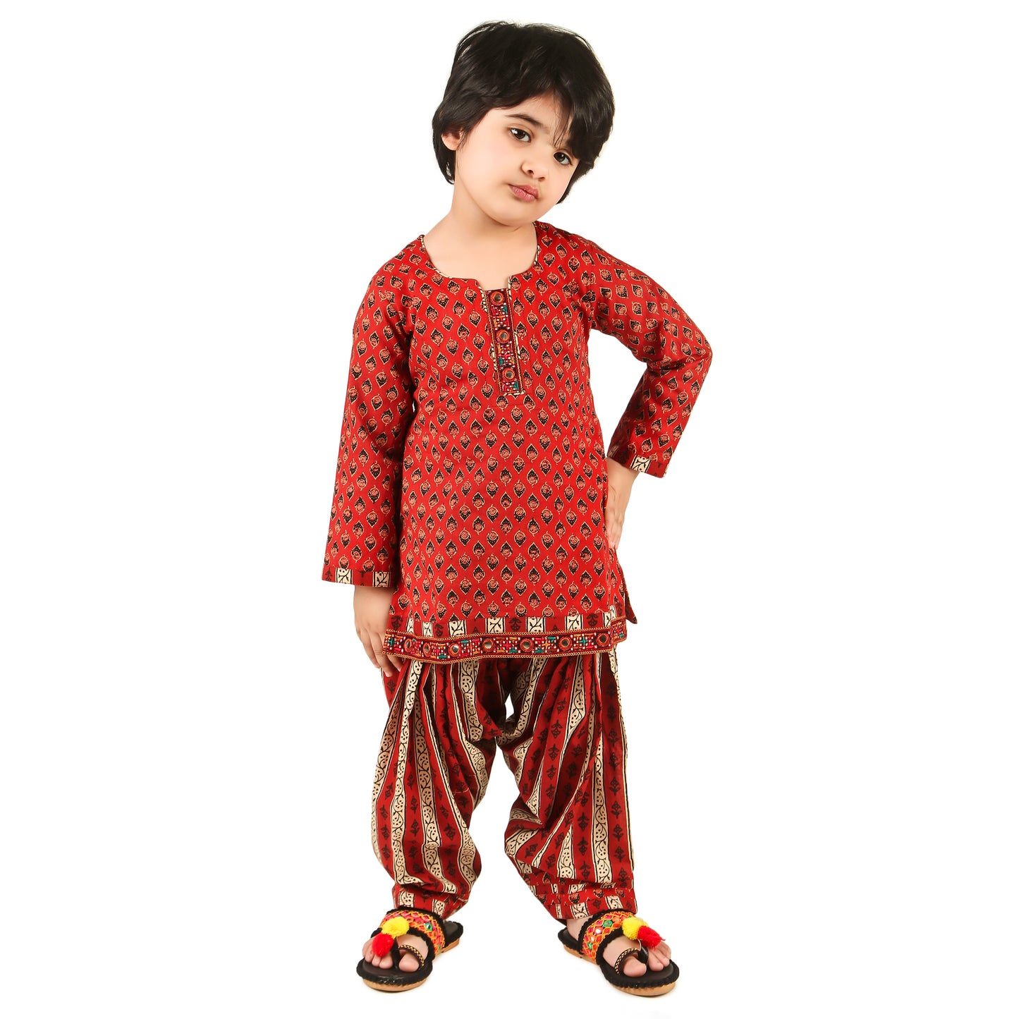 Red Salwar Suit for Girls- Ages 0-16Y - Block Print