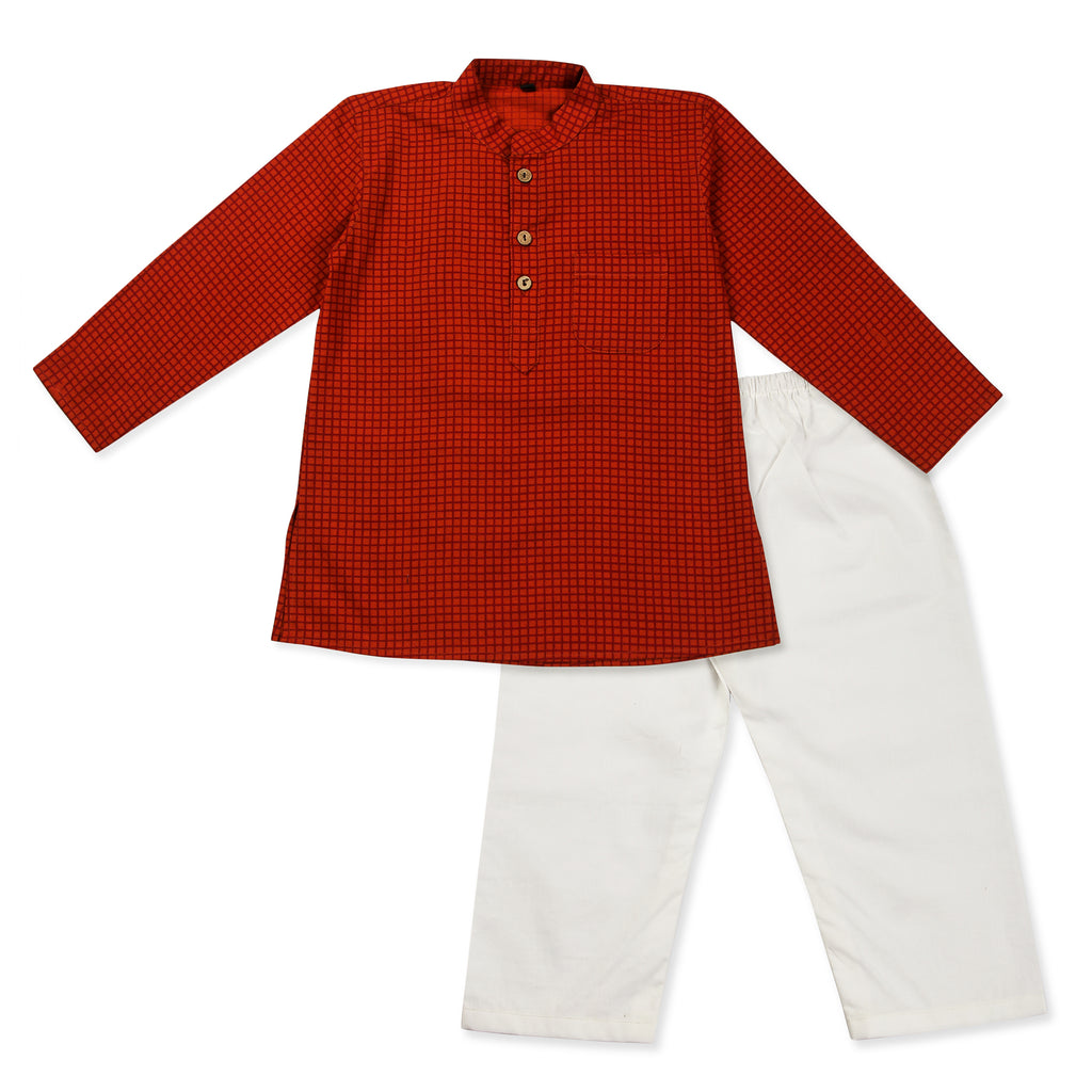Red Kurta Pajama for Boys, Ages 0-16 Years, Cotton, Check Print