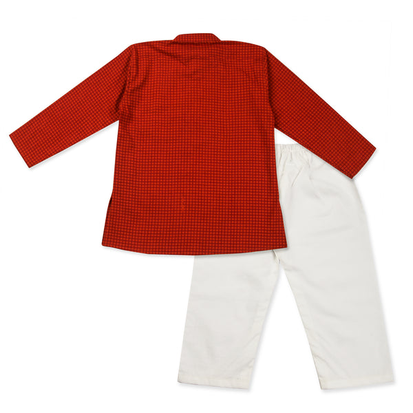 Red Kurta Pajama for Boys, Ages 0-16 Years, Cotton, Check Print