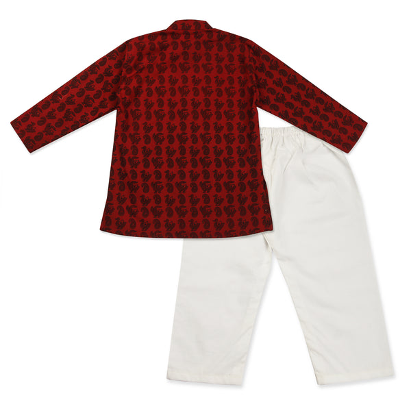 Maroon Kurta Pajama for Boys, Ages 0-16 Years, Cotton, Block Print