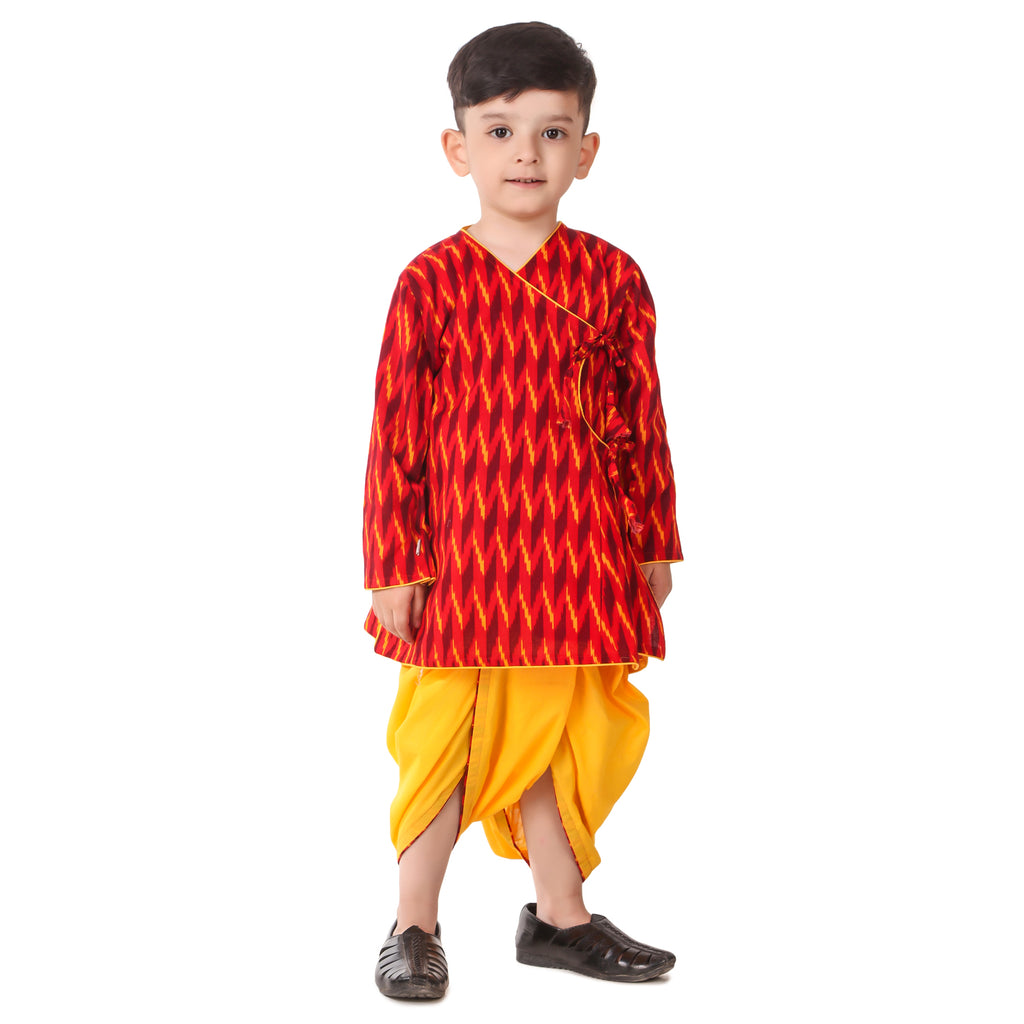 Red Dhoti Kurta for Boys, Ages 3 Months-16 Years, Cotton, Ikat Print