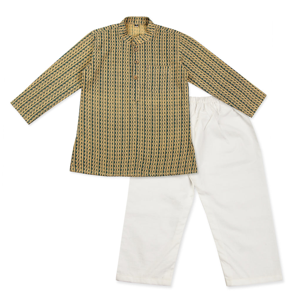 Beige Kurta Pajama for Boys, Ages 0-16 Years, Cotton, Floral Print