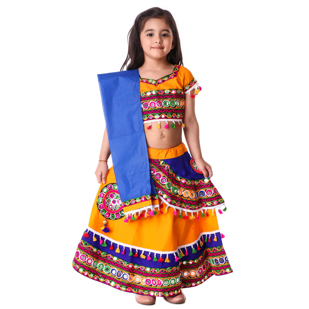 Multicolor Yellow and Blue Lehenga Choli for Girls - Ages 0-16Y - Kutch Work