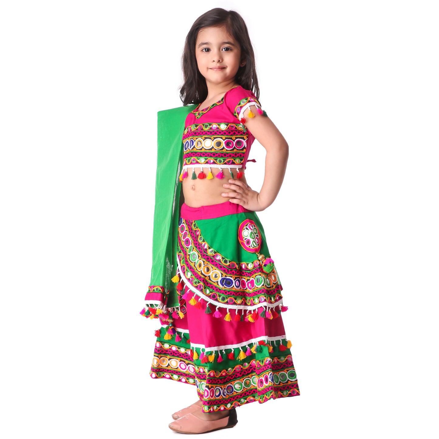 Multicolor Pink and Green Lehenga Choli for Girls - Ages 0-16Y - Kutch Work