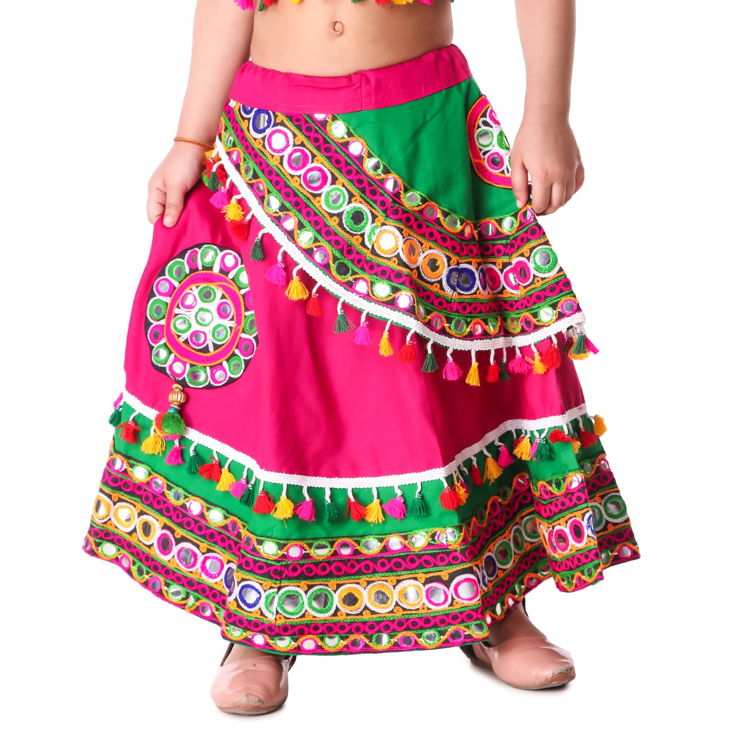 Multicolor Pink and Green Lehenga Choli for Girls - Ages 0-16Y - Kutch Work