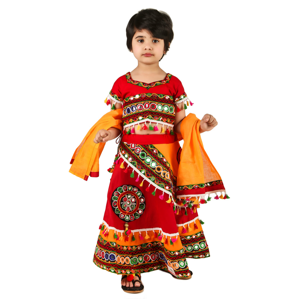 Multicolor Red and Yellow Lehenga Choli for Girls - Ages 0-16Y - Kutch Work