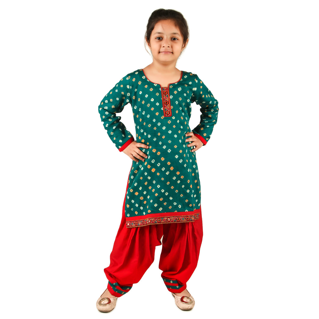 Green Salwar Suit for Girls, Ages 6 Months to 16 Years, Cotton, Bandhani Tie-Dye