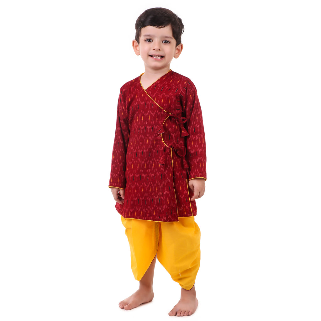 Maroon Dhoti Kurta for Boys, Ages 3 Months-16 Years, Cotton, Angrakha Style, Ikat Print