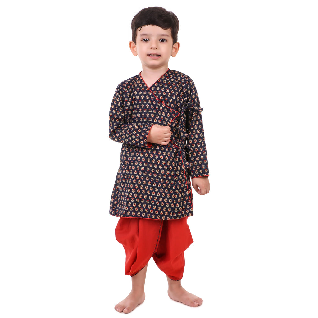 Blue Dhoti Kurta for Boys, Ages 3 Months-16 Years, Cotton, Angrakha Style, Block Print