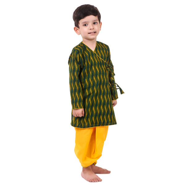 Green Dhoti Kurta for Boys, Ages 3 Months-16 Years, Cotton, Angrakha Style, Ikat Print