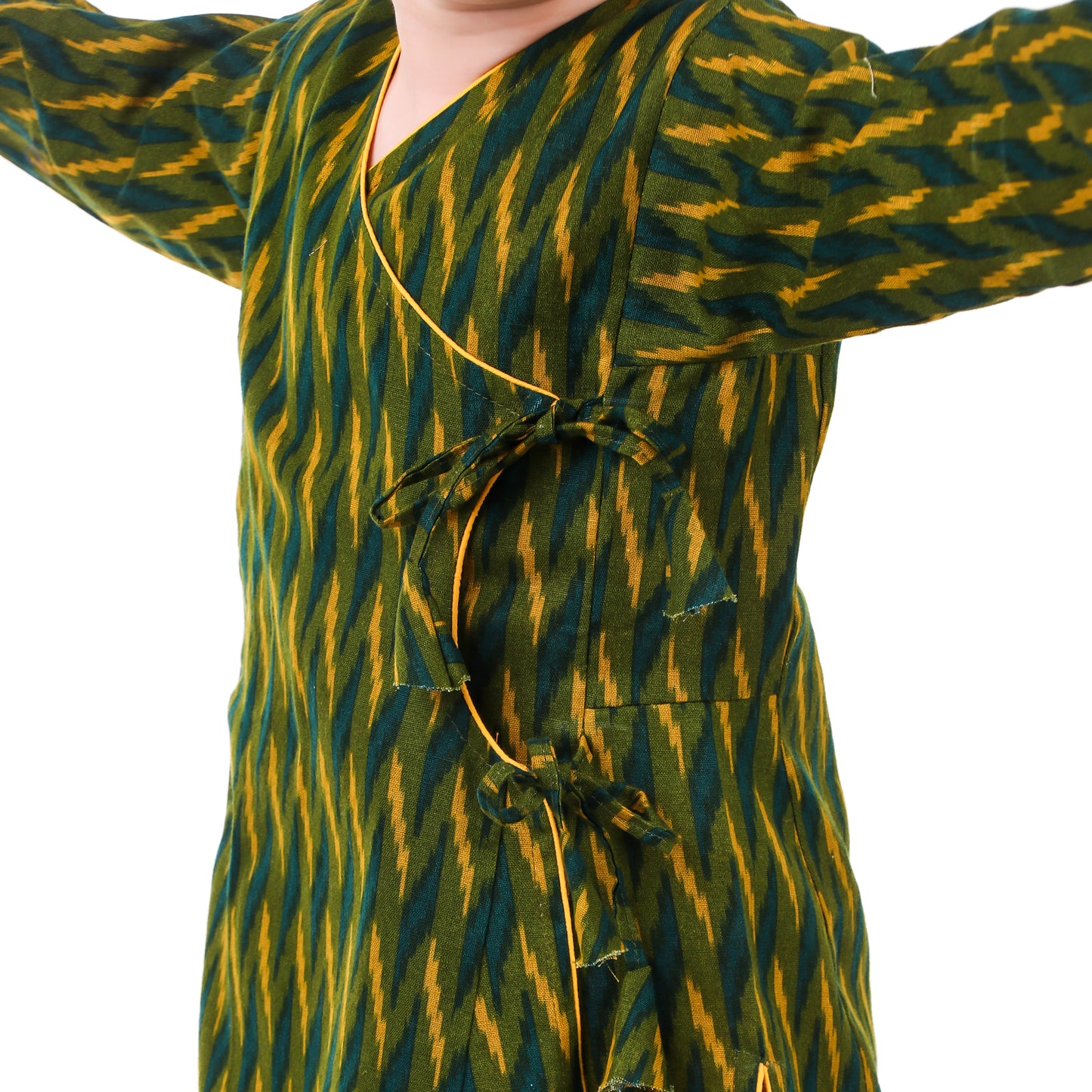 Green Dhoti Kurta for Boys, Ages 3 Months-16 Years, Cotton, Angrakha Style, Ikat Print