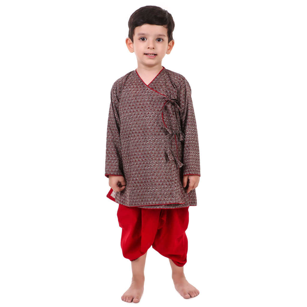 Grey Dhoti Kurta for Boys, Ages 3 Months-16 Years, Cotton, Angrakha Style, Block Print