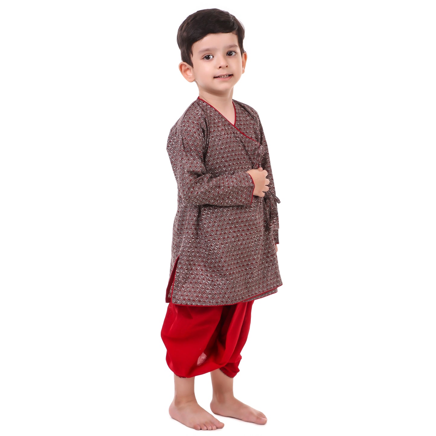 Grey Dhoti Kurta for Boys, Ages 3 Months-16 Years, Cotton, Angrakha Style, Block Print