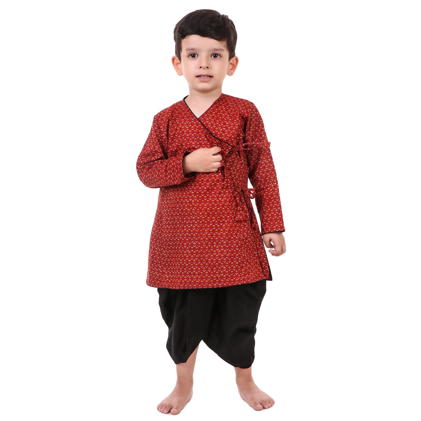 Maroon Dhoti Kurta for Boys, Ages 3 Months-16 Years, Cotton, Angrakha Style, Block Print