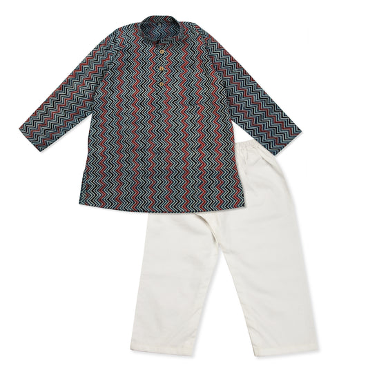 Blue Kurta Pajama for Boys, Ages 0-16 Years, Cotton, Block Print