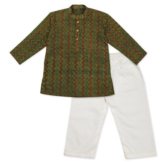 Green Multicolor Kurta Pajama for Boys, Ages 0-16 Years, Cotton, Block Print