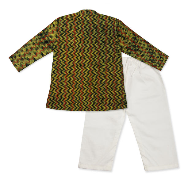 Green Multicolor Kurta Pajama for Boys, Ages 0-16 Years, Cotton, Block Print