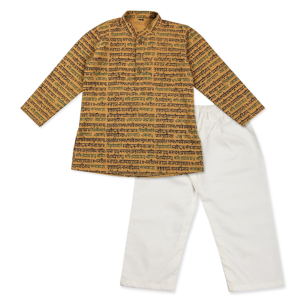 Beige Kurta Pajama for Boys, Ages 0-16 Years, Cotton, Mantra Print