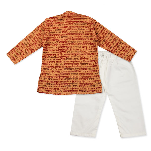 Tangerine Kurta Pajama for Boys, Ages 0-16 Years, Cotton, Mantra Print