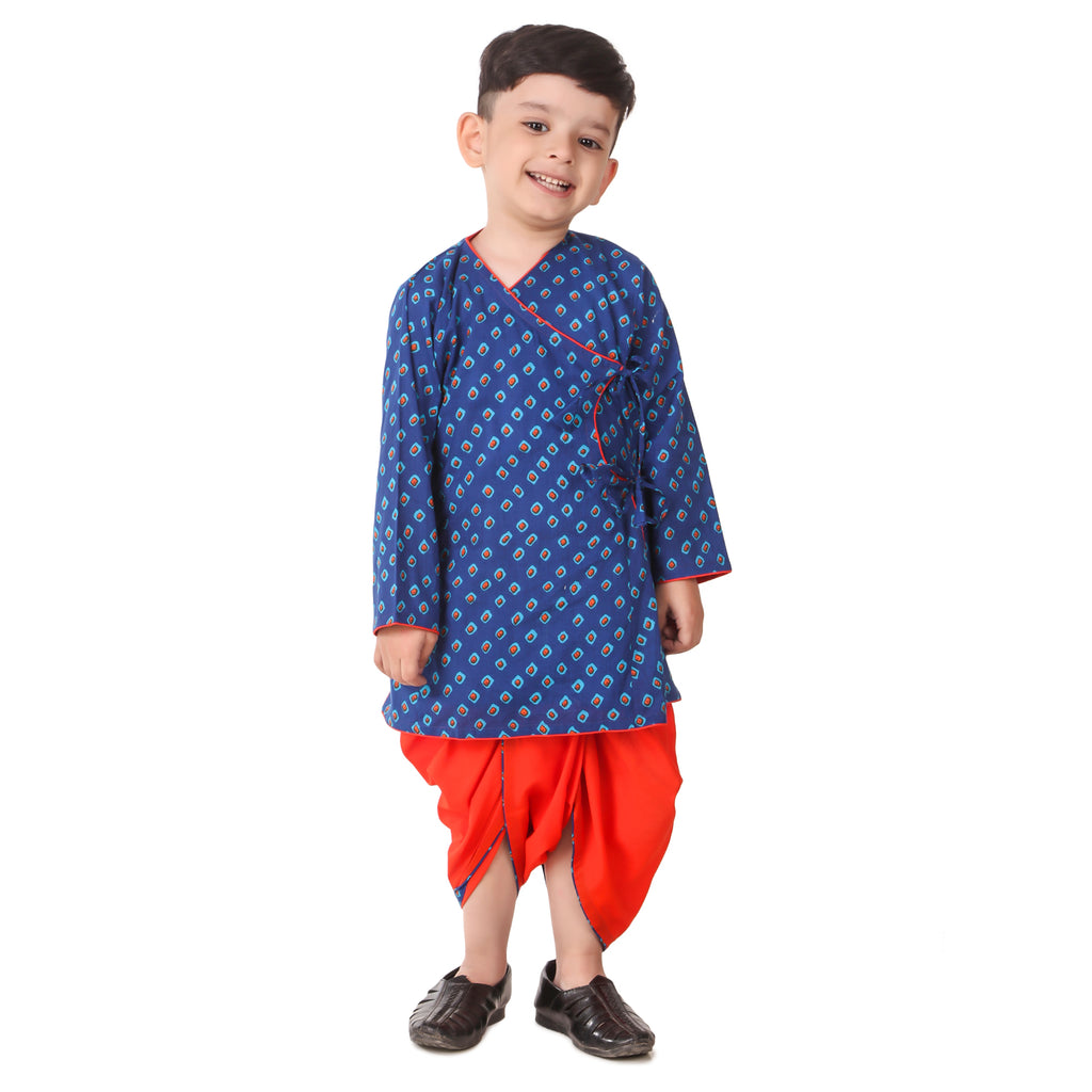 Blue Dhoti Kurta for Boys, Ages 3 Months-16 Years, Cotton, Angrakha Style, Bandhani Print