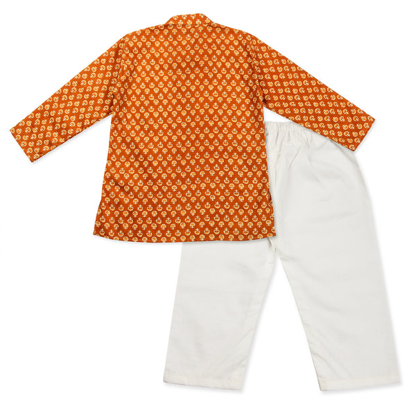 Orange Kurta Pajama for Boys, Ages 0-16 Years, Cotton, Block Print