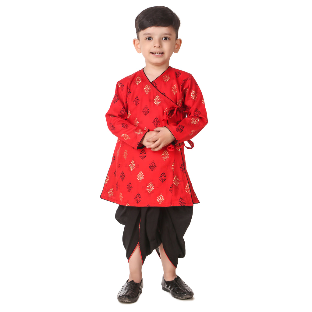 Red Dhoti Kurta for Boys, Ages 3 Months-16 Years, Cotton, Angrakha Style, Khadi Block Print