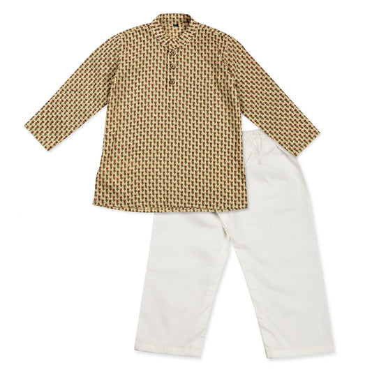 Cream Kurta Pajama for Boys, Ages 0-16 Years, Cotton, Floral Print