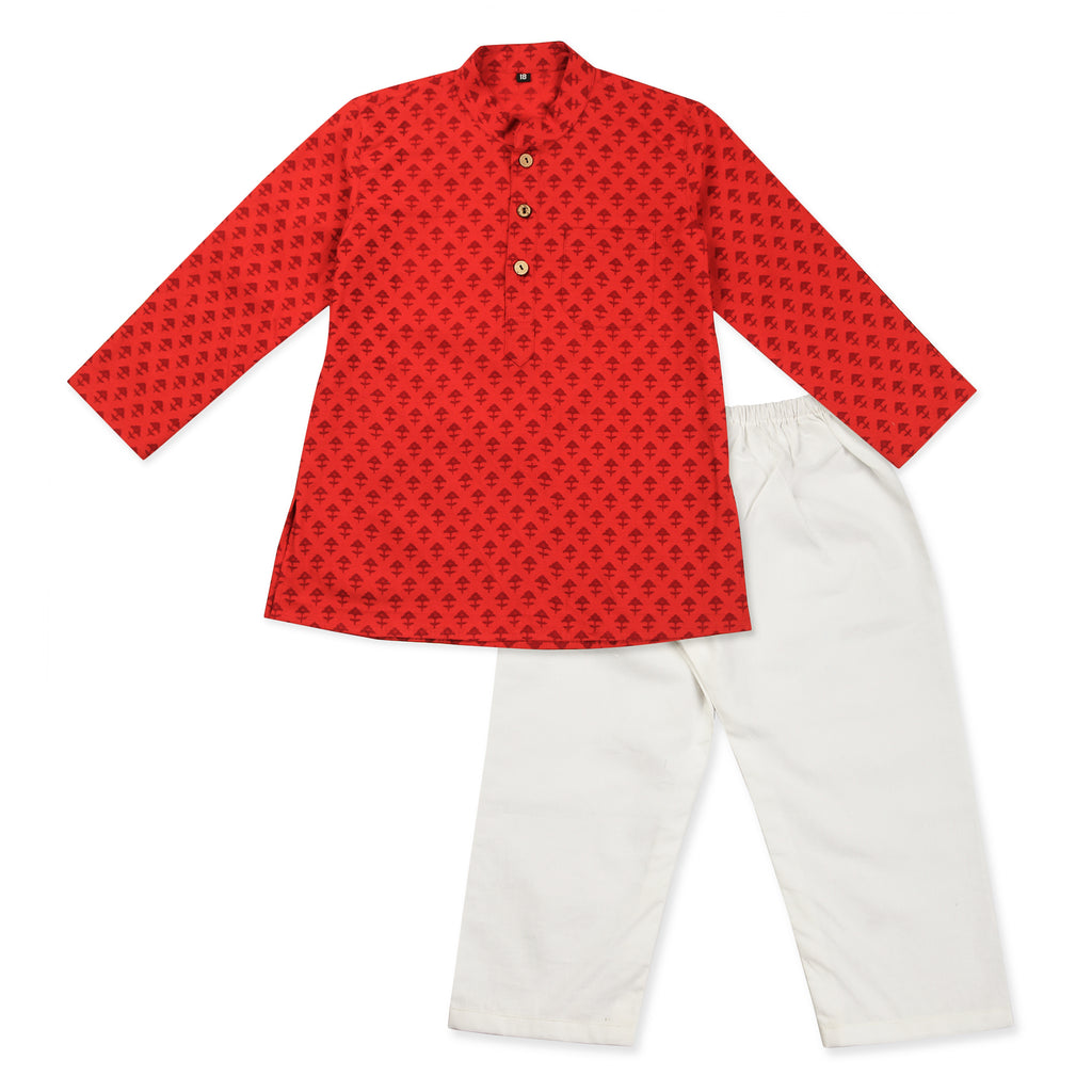 Red Kurta Pajama for Boys, Ages 0-16 Years, Cotton, Block Print