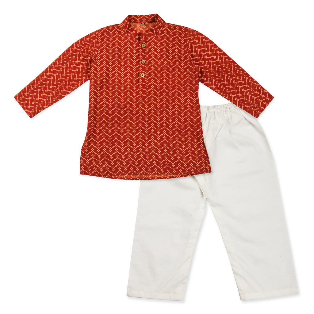 Vermillion Red Kurta Pajama for Boys, Ages 0-16 Years, Cotton, Block Print