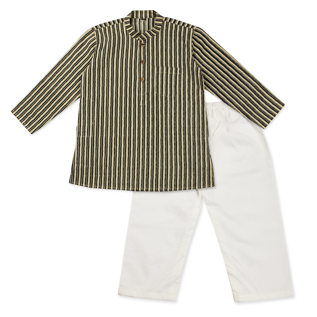 Off-White Kurta Pajama for Boys, Ages 0-16 Years, Cotton, Striped